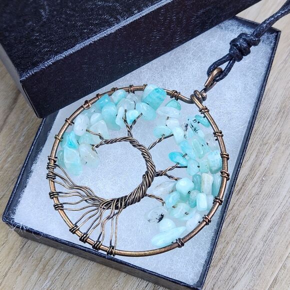 🔹️NWT Bronze Twisted & Turquoise Beaded Tree Of Life Pendant Necklace - Picture 1 of 6